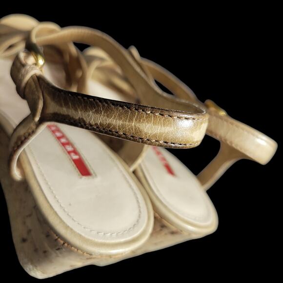 Prada Platform Sandals Tan Leather Chunky Cork Espadrille Wedge Heel Open 39.5 - Picture 9 of 15